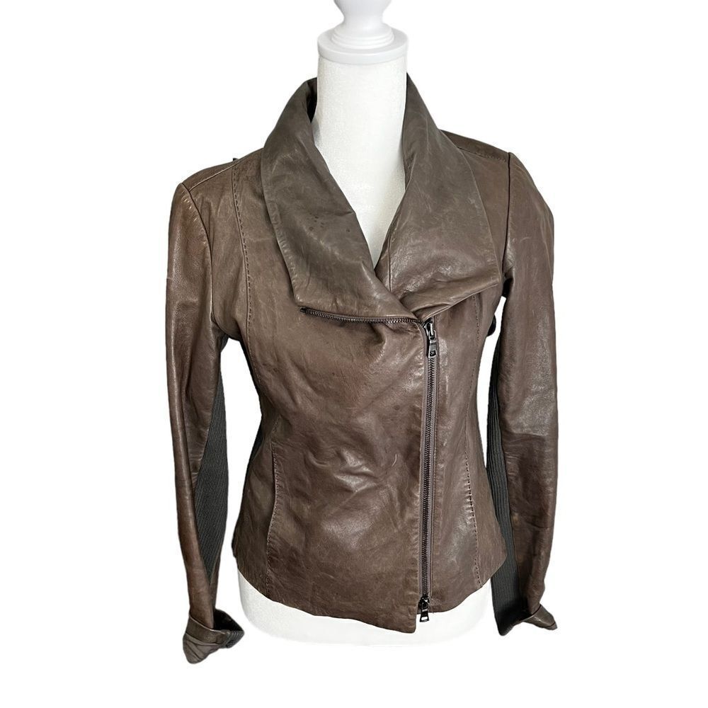 Vince 100% Brown Leather Moto Jacket XS - Picture 2 of 10